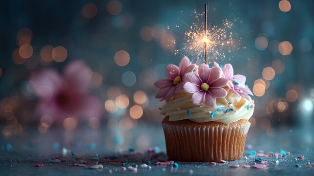 Birthday cupcake with floral decorations and sparkler in festive bokeh background