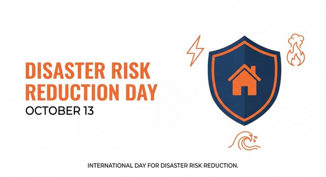 Disaster risk reduction day showing a protective shield with a house fire, and wave symbols on a clean white