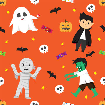 Halloween seamless pattern with cute ghost vampire mummy zombie pumpkin candy and skull orange background vector illustration.