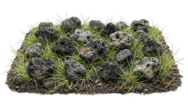 白い背景に孤立した、青々とした緑の芝生と黒い多孔質の溶岩石が配置された土壌の3Dレンダリング。ガーデニングや造園、自然の景観デザイン、建築パースの素材として適した、リアルな質感のミニチュアグラウンド。