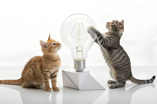 Two cute kittens playing and looking at a large glass light bulb with baby cats