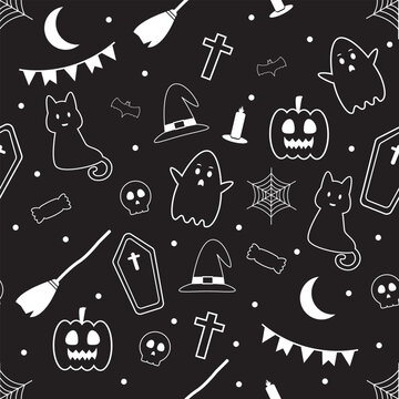 Halloween seamless pattern with white line art ghost black cat pumpkin witch hat broom coffin skull and cross dark background vector illustration.