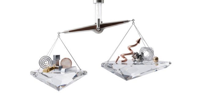 Modern glass scales of justice with industrial parts, balanced crystal weighing scale, financial and legal equilibrium concept