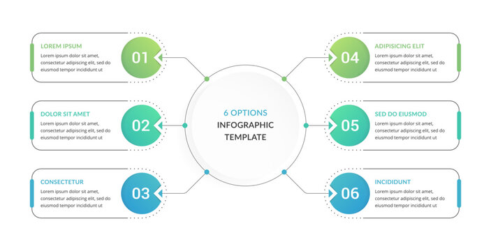 Six step radial diagram infographic template featuring a central circle connected to numbered circles and descriptive text boxes arranged in a symmetrical layout
