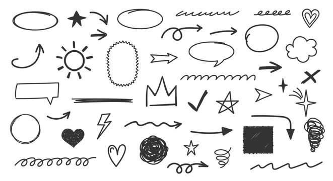 Hand drawn arrows and sketchy doodle elements featuring stars, hearts, speech bubbles, and various symbols useful for creating organic and creative visual layouts or notes