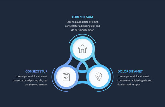 Infographic template featuring circular diagram layout with three options or steps, ideal for business and workflow presentations. Dark background