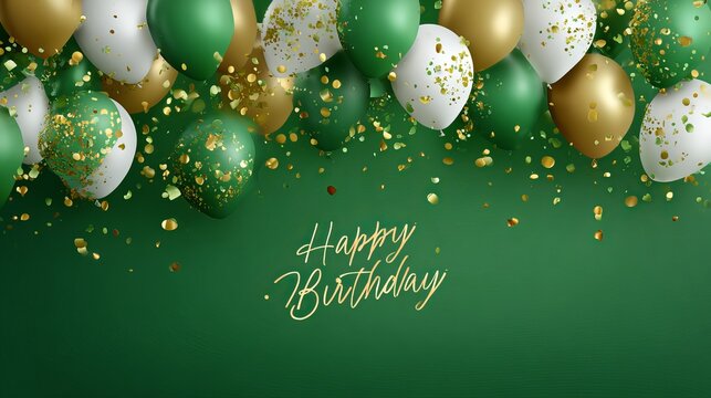Elegant green birthday celebration with golden white balloons and confetti