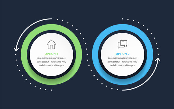 Infographic template featuring two circular elements connected by curved arrows, symbolizing decision-making and comparison. Dark background