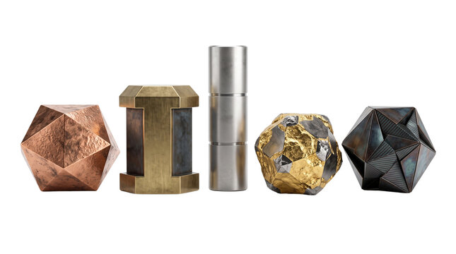 Industrial geometric metal sculptures, collection of 5 abstract metallic objects, copper brass and steel decorative elements on white
