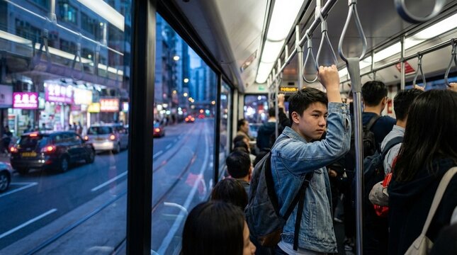 Busy city street scene viewed from inside a modern transit vehicle, urban night time atmosphere, streaks of light creating a sense of speed and movement, cinematic travel feeling
