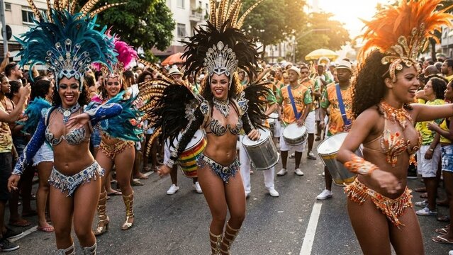 Crowd celebrating with colorful costumes and festive energy, people dancing at a street carnival or parade, joyful atmosphere of cultural festivity and community spirit
