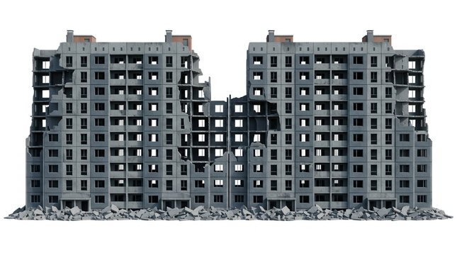 戦争や災害によって破壊されたコンクリート製の集合住宅の廃墟、瓦礫が散乱する崩壊した高層アパートの建物、白い背景に切り抜かれた孤立した建築物、都市の荒廃と紛争の惨禍を象徴するイメージ