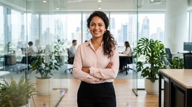 Confident smiling Indian woman in pink shirt standing with arms crossed in modern corporate office with glass partitions.