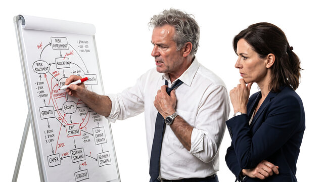 Stressed businessman explaining complex strategy on flipchart to executive colleague standing and listening