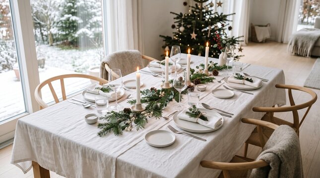 Elegant festive dining table set for Christmas dinner with white linen candles greenery in cozy winter interior with tree and snowy garden view