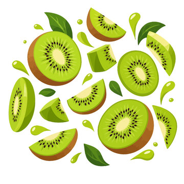Fresh sliced kiwi fruit with leaves and splashes