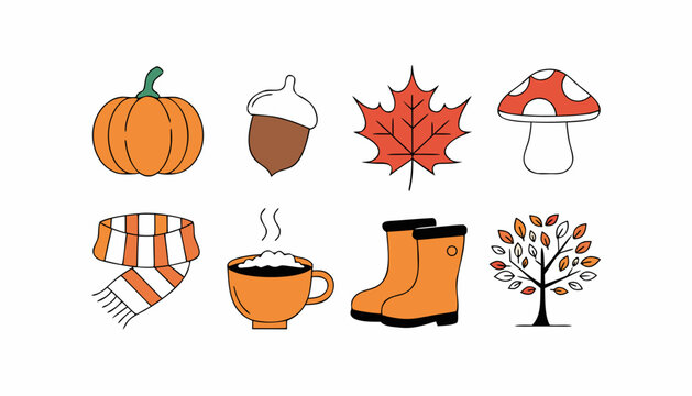 Autumn Seasonal Icons Set Featuring Pumpkin, Acorn, Maple Leaf, and Mushroom for Graphic Design