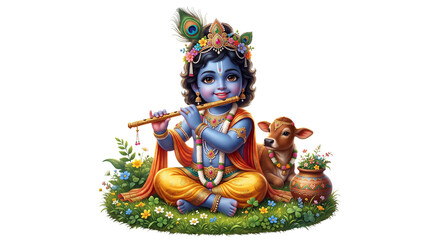 Fototapeta premium Cute baby krishna playing flute with a calf isolated on transparent background
