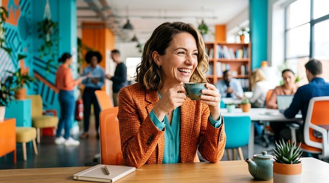 Smiling business professional enjoying coffee break in vibrant shared workspace