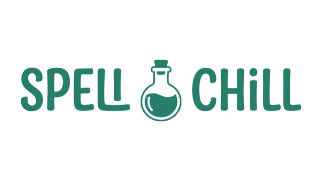 Spell Chill Logo: A stylized logo featuring the words SPELL CHILL with a small potion bottle in between, representing relaxation and tranquility in a magical context.