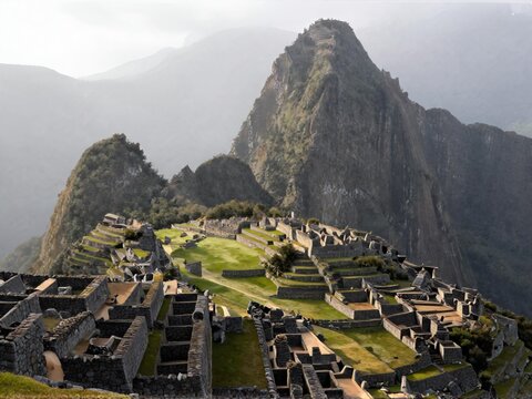 Morning Mist Drifting Through Terrace Gullies Machu Picchu Dawn Peru
