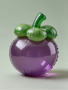 A mangosteen fruit sculpture constructed from transparent inflatable plastic, rounded purple fruit with a distinctive green leafy crown, realistic crinkled surface