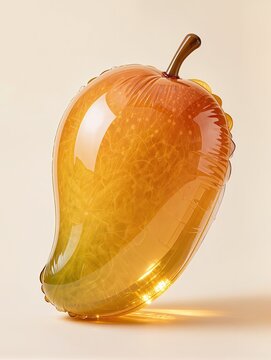 A ripe mango sculpture made entirely from translucent inflatable plastic, elegant asymmetrical curved shape, small stem and delicate leaf, realistic folds and air pockets