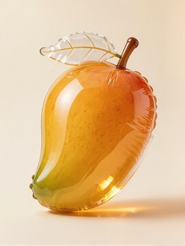 A ripe mango sculpture made entirely from translucent inflatable plastic, elegant asymmetrical curved shape, small stem and delicate leaf, realistic folds and air pockets