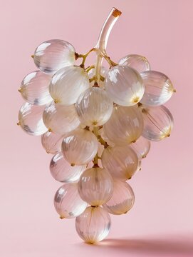 A luxurious cluster of grapes recreated from transparent inflatable plastic, dozens of rounded translucent grapes connected to delicate stems and leaves, realistic folds and air pockets on each fruit