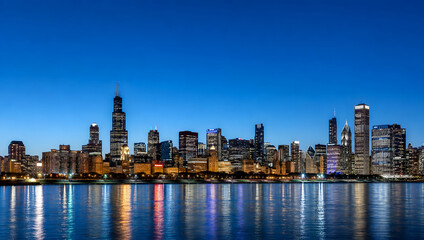 Naklejka premium City skyline at night with glowing lights and deep blue sky