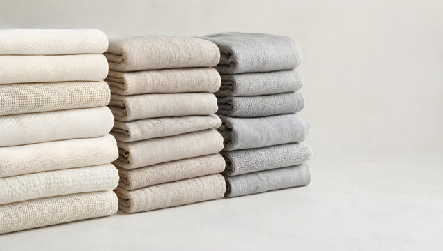 Neatly folded neutral tone clothing stacked on a plain surface