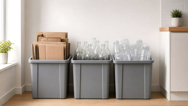 Home recycling bins sorted with paper glass and plastic waste