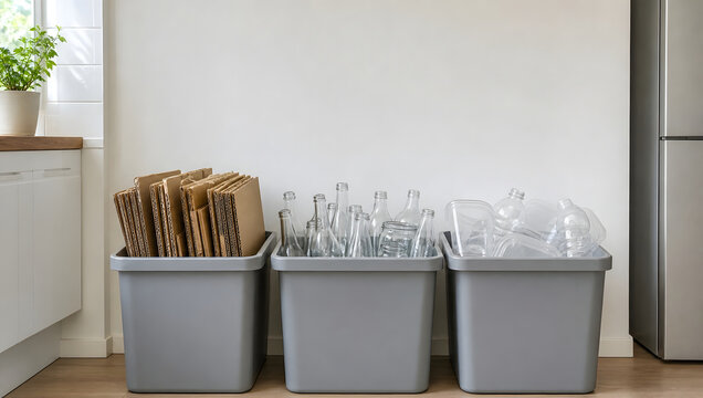 Home recycling bins sorted with paper glass and plastic waste