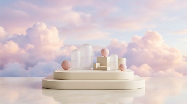 Cosmetic podium display on marble surface against pastel cloud sky background with product presentation