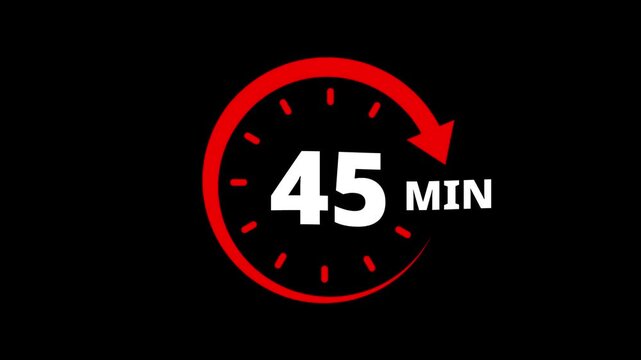 Red circular timer icon indicating 45 minutes countdown with arrow animation. 45 minutes clock timer. Timer 45 minutes countdown clock with circular arrow. 45 Min arrow clock icon animation.
