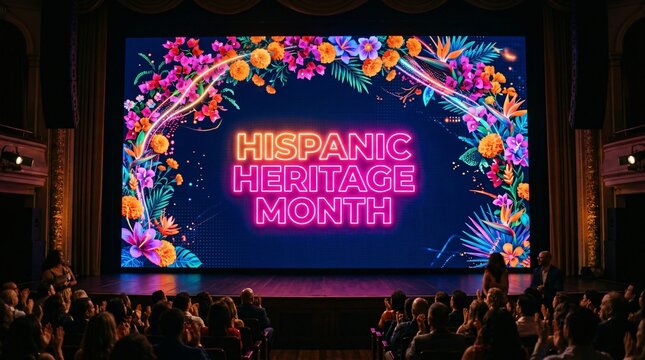 Hispanic Heritage Month celebration event on theater stage, glowing neon sign with floral frame on big screen, audience watching cultural presentation.