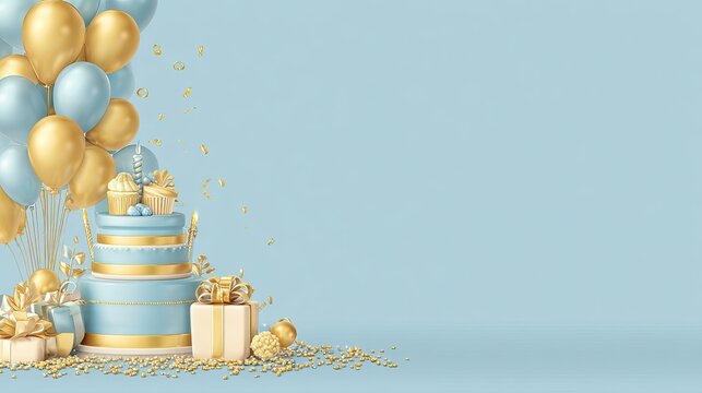 Blue and golden birthday celebration banner with cake balloons and gifts