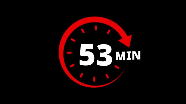 Red circular timer icon indicating 53 minutes countdown with arrow animation. 53 minutes clock timer. Timer 53 minutes countdown clock with circular arrow. 53 Min arrow clock icon animation.