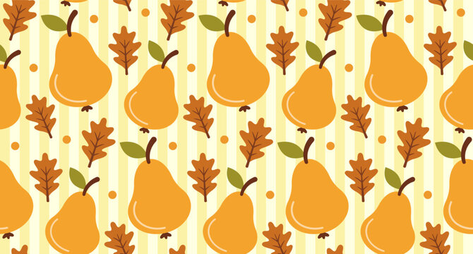 Seamless autumn pattern featuring stylized yellow pears and brown oak leaves.
