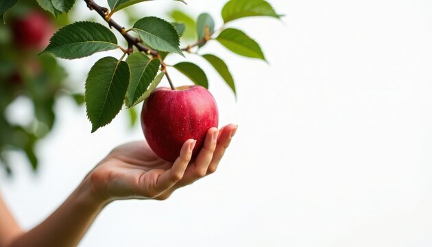 red apple held in hand beneath leafy branch, ripe red apple with glossy skin and attached green leaves, hand picking red apple from tree during harvest,