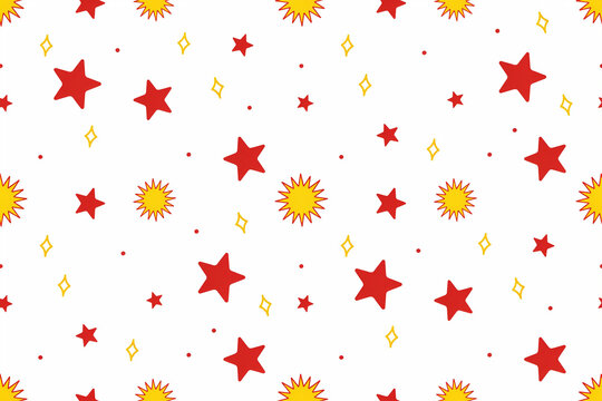A vibrant seamless pattern displays many bold red five pointed stars bright yellow sun shapes with spiky outlines small yellow outline diamonds and tiny red circular dots arranged randomly and freely