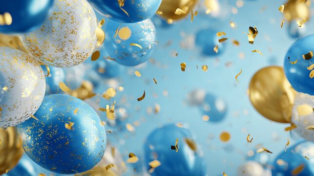 Blue gold and white balloons with confetti celebration background and copy space