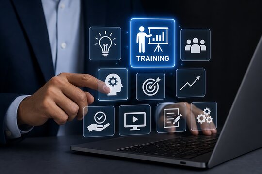 Businessperson selecting holographic training and development icons on laptop