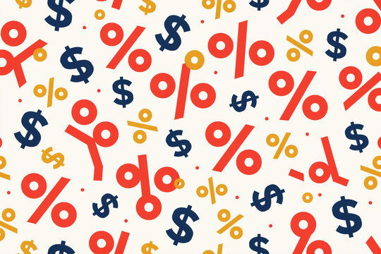 A seamless vector pattern with dollar signs percent symbols and small dots creating a vibrant financial background design for various economic and sales themes