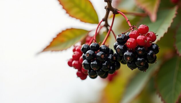 Ripe blackberries on thorny branch, clusters of glossy dark berries with red unripe druplets and serrated green leaves, close-up shallow depth of field highlighting texture and morning dew,