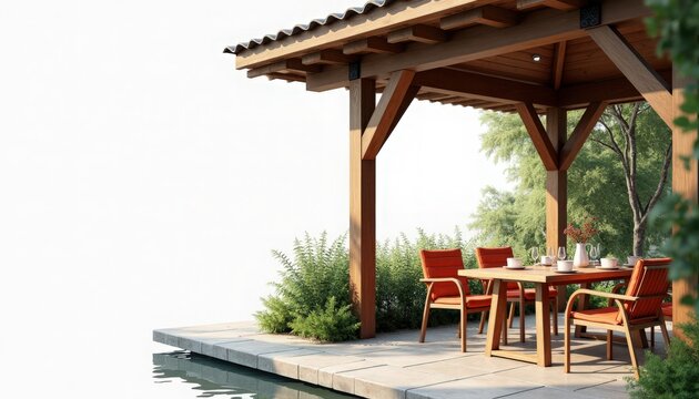 Outdoor dining under wooden pergola with modern red chairs and wooden table by pool, outdoor dining scene with lush tropical plants, bamboo accents and shaded patio for hospitality marketing,