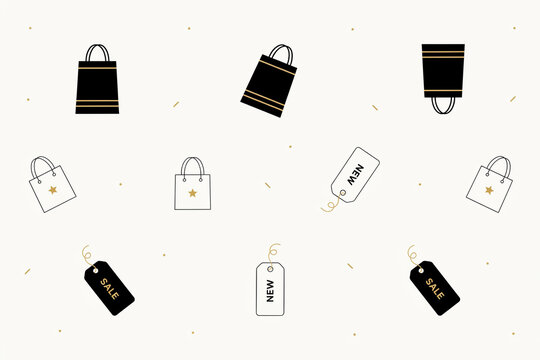 A vibrant collection of stylish black and white shopping bags with elegant gold accents displayed alongside prominent sale and new product tags perfect for marketing retail and consumer promotions