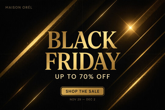 Black Friday sales advertisement featuring significant discount percentages and specific promotional dates with a prominent call to action button designed for a major seasonal shopping event campaign