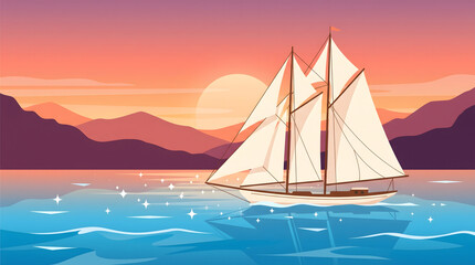 Naklejka premium Luxury Yacht and Sailing Boats Cruising Across the Ocean at Sunset Under a Beautiful Summer Sky