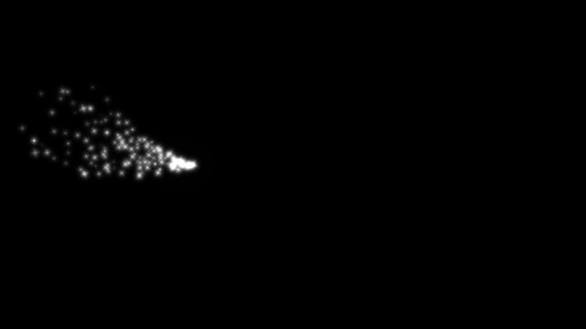 Smooth glowing star streak trail animation, white glitter particle dust, magic sparkle wand burst transition overlay, fantasy light motion graphics on black screen background. 4k